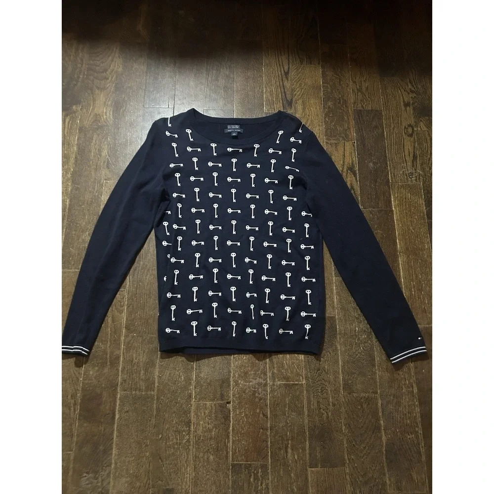 Tommy‎ Hilfiger Sweater Pima Cotton Key Design Crew Neck Navy Blue Womens Medium